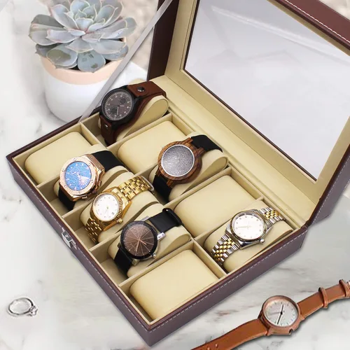 Vista 4 de My Personal Memories, Caja de almacenamiento personalizada para relojes, nombre inicial, regalo del día del padre, grabado (marrón)