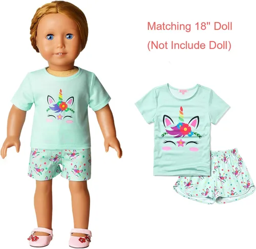 Vista 6 de QPANCY Pijamas a juego para niñas y muñecas, conjuntos de pijama de unicornio, ropa de dormir de algodón de verano