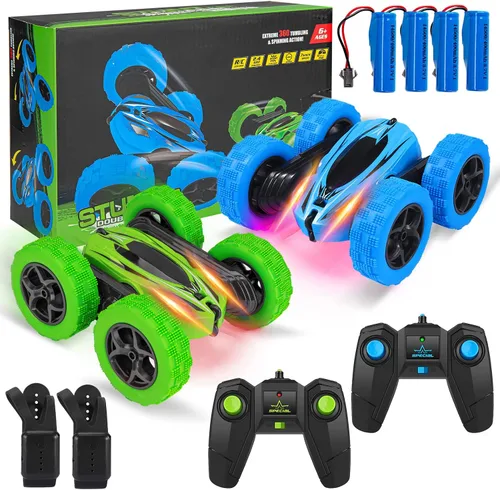 Vista 6 de Paquete de 2 relojes RC Stunt Car con sensor de gestos 4WD de doble cara giratoria de 360 grados recargable de alta velocidad 2.4 GHZ todoterreno
