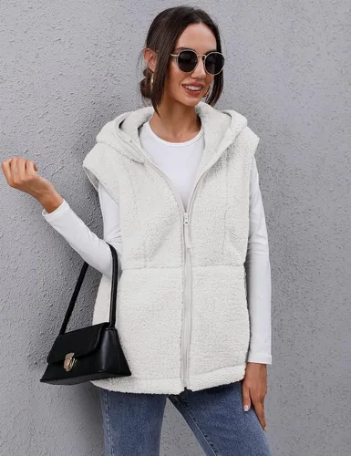 Vista 5 de TFSDOD Chaleco de forro polar sherpa mullido para mujer, acogedor, sin mangas, con bolsillo, chaleco con capucha para mujer, ropa exterior
