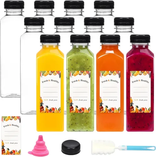Vista 8 de Moretoes - 8 unidades de botellas de jugo de 16 onzas, botellas de plástico con tapas, botellas reutilizables para jugos para bebidas, batidos