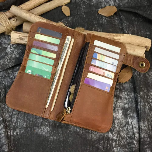Vista 6 de Cartera larga de cuero genuino para hombre, cartera con tarjetero y bolsillo para monedas
