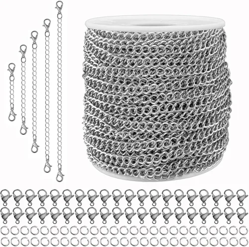 Vista 10 de Cadena de eslabones de cable de 16.76 m YZDTECH para hacer joyería, cadena de acero inoxidable en forma de O con 100 piezas de anillos de salto