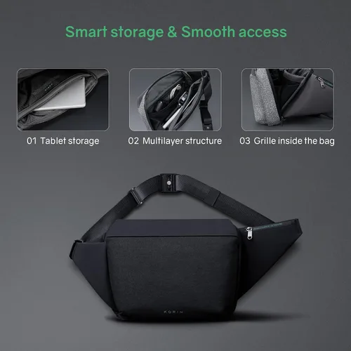 Vista 3 de KORIN Bolso bandolera anticorte para hombres y mujeres, impermeable, mochila cruzada para iPad 9.7 para viajes, deportes, senderismo, Negro