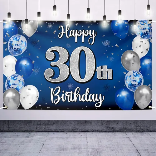 Vista 70 de Decoración de feliz cumpleaños número 100, globo azul y plateado grande cartel de fondo de cumpleaños de 100 años - Suministros para fiesta