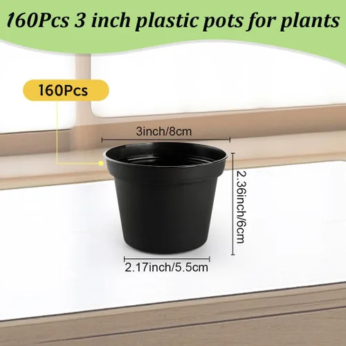 Vista 2 de RooTrimmer Paquete de 160 macetas negras de 3 pulgadas, plántulas de plástico, iniciador de semillas, macetas de germinación con drenaje