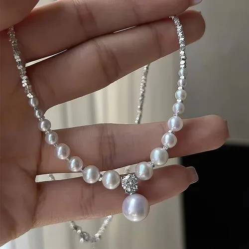 Vista 4 de Collar de perlas de plata triturada para mujer, collar de clavícula, collar de clavícula, gargantilla de perlas artificiales blancas, joyería de moda
