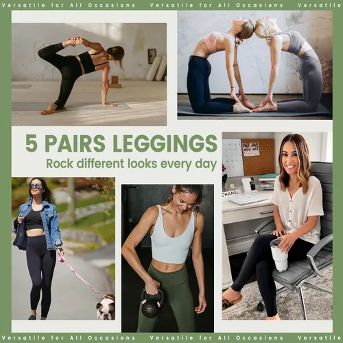 Vista 4 de Opuntia Paquete de 5 leggings para mujer, cintura alta, control de abdomen, suaves, color negro, pantalones de yoga adelgazantes para entrenamiento