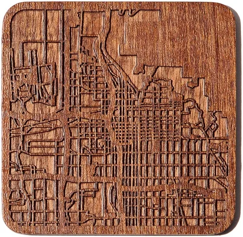 Vista 70 de Posavasos Amsterdam Map by O3 Design Studio, 1 pieza, posavasos de madera Sapele con mapa de la ciudad, hecho a mano, varias ciudades opcionales