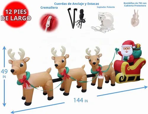 Vista 2 de Santa Claus en trineo con 3 renos, inflables, decoración de Navidad para jardín en, 12 pies de largo