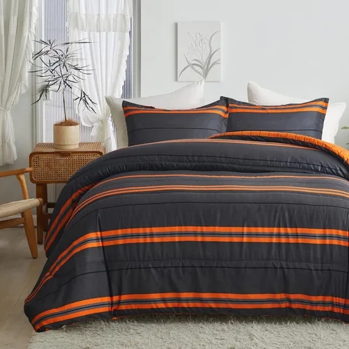 Vista 8 de Flysheep Juego de edredón de 3 piezas de estilo bohemio a rayas tamaño individual para niños, juego de ropa de cama reversible de microfibra suave a