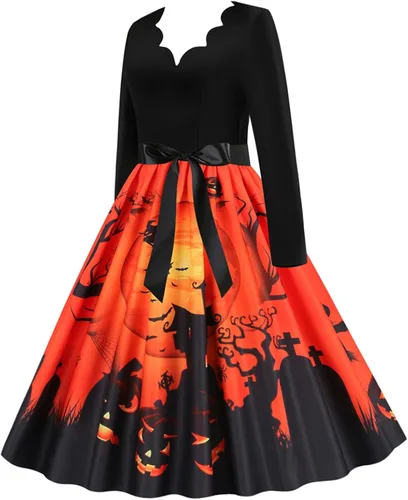 Vista 2 de Vestido de Halloween para mujer 2022 con cuello en V y cremallera de manga larga con panel