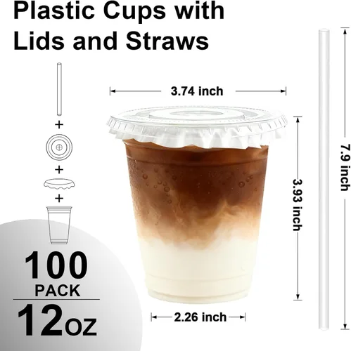 Vista 2 de Lamosi Paquete de 100 vasos de plástico transparente de 12 onzas con tapas y pajitas, tazas desechables para café helado con tapas para bebidas