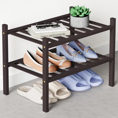 Vista 9 de Smiry Zapatero de bambú para armario, organizador de zapatos de madera de 3 niveles, estante apilable de almacenamiento de zapatos de madera
