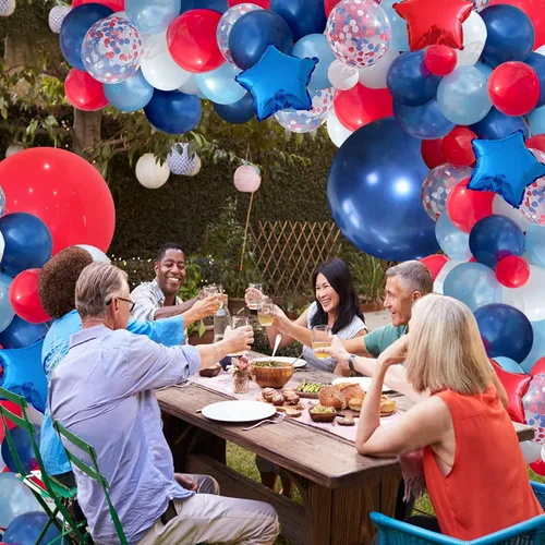 Vista 7 de 145 globos de color azul marino y plateado y 142 globos rojos, blancos y azules para cumpleaños, béisbol, temática náutica, fiesta, fiesta
