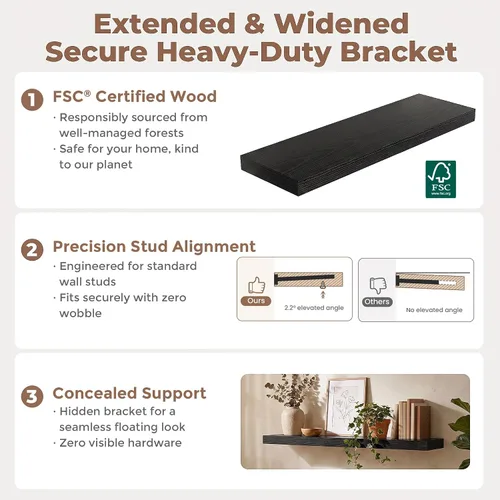 Vista 5 de Marsmiles 9.3 Inch Floating Shelves for Wall 2 Pack, 9.3" D Wood Grain Bathroom Shelves Black Finish