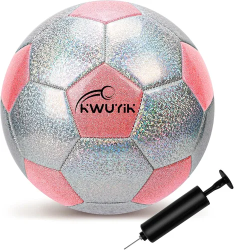 Vista 11 de Balón de fútbol de tamaño 3, 4, 5, con purpurina, rosa, morado, negro y plateado con inflador, pelota de fútbol para niños pequeños de 3 a 6 años, 6