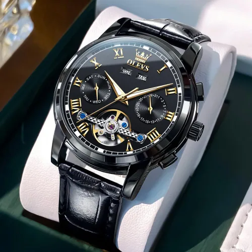 Vista 3 de OLEVS - Reloj para hombre automático de lujo con Tourbillon, cronógrafo, cara grande, calendario, de cuerda automática, relojes de pulsera