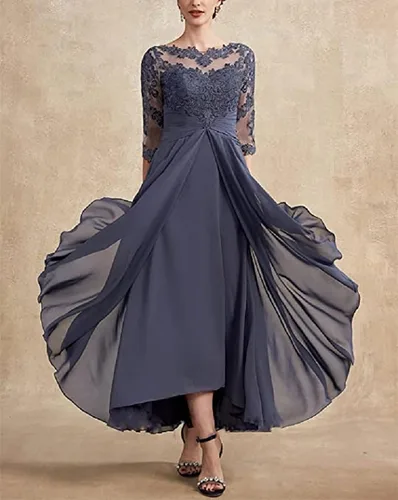 Vista 4 de Vestido formal de gasa con media manga para madre de la novia, vestido formal de encaje fruncido, vestido de fiesta de noche para boda, RO23