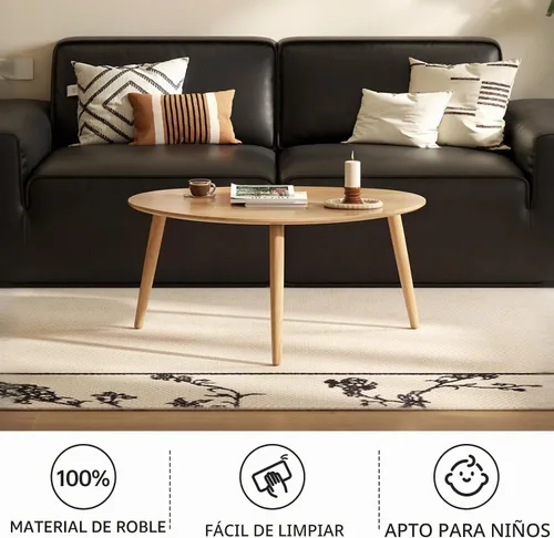 Vista 3 de Mesa de centro ovalada pequeña, de 33.5 pulgadas, mesa de centro moderna de mediados de siglo para sala de estar, mesa auxiliar 100% madera de roble