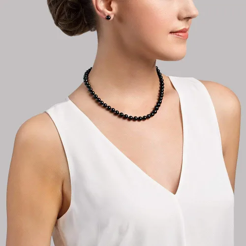 Vista 3 de 14K oro 7.07.5mm Negro Akoya Collar de perlas cultivadas & arete set, 17" longitudCalidad AA +.