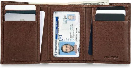 Vista 14 de Nautica Men's Trifold Wallet RFID Blocking Protection ID Window Card Slots Genuine Leather Durable