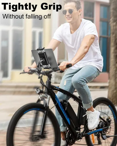 Vista 4 de Soporte para tableta de bicicleta, abrazadera para manillar, brazo de metal antivibración, soporte universal para iPad para cinta de correr