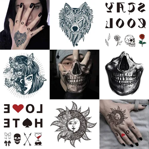 Vista 2 de 6 hojas de tatuajes temporales para hombres y mujeres, calavera, mariposa, cabeza de lobo, número de flecha, calcomanías de tatuaje para niños