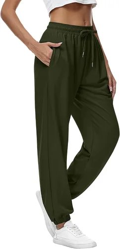 Vista 4 de Riyiper 2 piezas de pantalones deportivos para mujer, de cintura alta, pantalones deportivos holgados de moda con bolsillos, Verde militar, gris