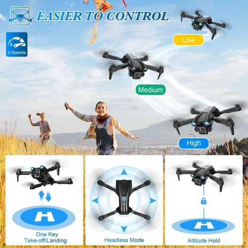 Vista 5 de Dron con cámara 1080P HD, mini dron para principiantes, niños y adultos, cuadricóptero RC con 2 baterías, estuche de transporte, vuelo estable