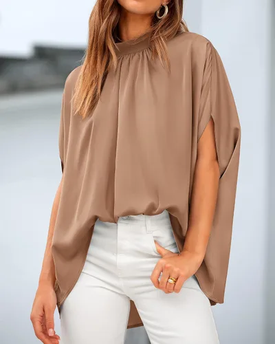Vista 147 de BTFBM Blusas de verano para mujer, cuello alto falso, manga murciélago, holgadas, dobladillo alto y bajo, blusas informales de gran