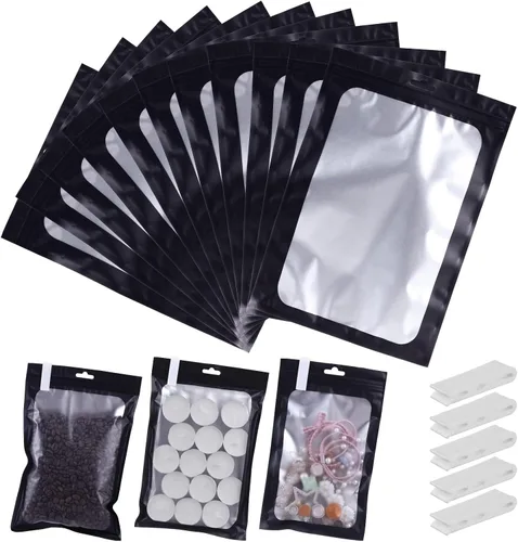 Vista 40 de 400 bolsas de Mylar resellables de 4 x 5 pulgadas, color negro, para almacenamiento de alimentos, bolsa resellable de Mylar con ventana transparente