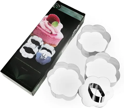 Vista 5 de NewlineNY - Anillos de postre de acero inoxidable (4 piezas) con forma de flor, aperitivos moldeados, ensaladas, pasteles, moldeo de mousse