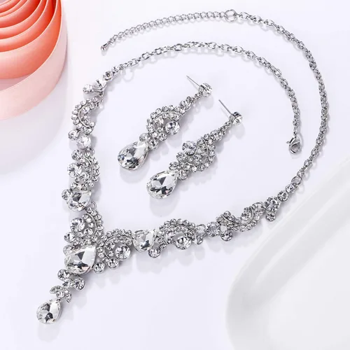Vista 4 de Ever Faith - Conjunto de collar y aretes de lágrima con cristales de diamantes de imitación para novia, ondas florales