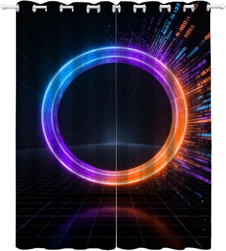 Vista 2 de Cyber Ring Curtains, Thermal Insulated Darkening Drapes For Sci-Fi Home Decor, Futuristic Neon Circle Digital Grid Scene Grommet Window Treatments