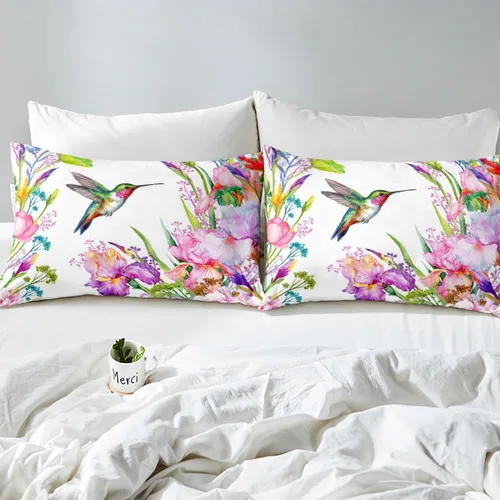 Vista 4 de Juego de ropa de cama floral, funda de edredón de flores de iris de colibrí, tamaño matrimonial, jardín, botánico, magnífica, funda de edredón