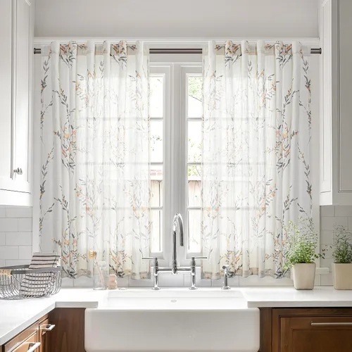 Vista 30 de MYSKY HOME Cortinas de lino transparentes de 45 pulgadas de largo para dormitorio, cocina, paneles de cortina florales, cortinas semicirverticales