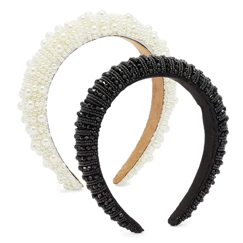 Vista 7 de Glamlily Diadema de terciopelo grueso – Accesorios para el cabello adornados con diamantes de imitación y perlas – Diadema acolchada con perlas