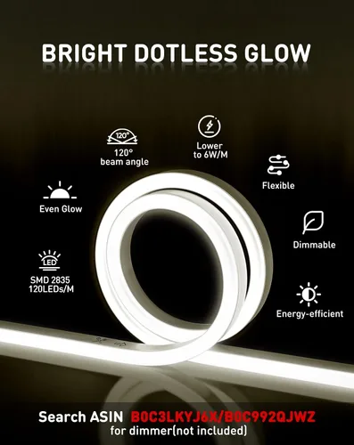 Vista 2 de Shine Decor Tira de luces LED AC 120V, cuerda de neón eco de 120 LED/m sin puntos, conectable y cortable, IP65 impermeable y resistente al clima