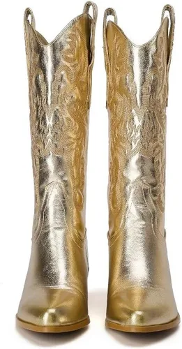 Vista 2 de Botas vaqueras occidentales bordadas para mujer, botas vaqueras de tubo medio, punta puntiaguda, tacón grueso, brillante, vintage, a la moda, botas