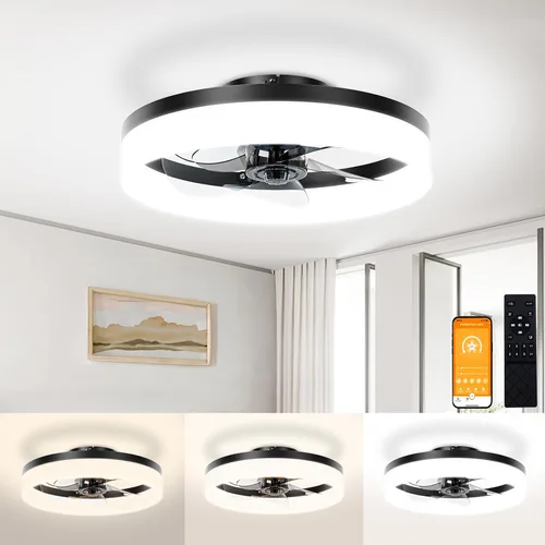 Vista 10 de VOLISUN Ventiladores de techo pequeños de 13 pulgadas con luces y control remoto, ventiladores de techo de perfil bajo con luz, luz de techo LED