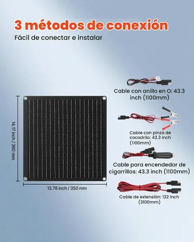 Vista 5 de VEVOR Cargador de batería de panel solar de 20 W y 12 V, cargador de batería solar con controlador inteligente integrado y 3 cables de conexión