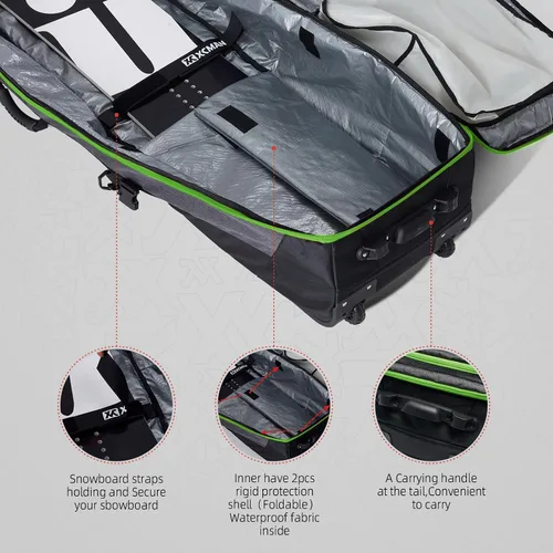 Vista 4 de XCMAN Bolsa de snowboard con ruedas, longitud ajustable, extra larga/ancha/profunda, impermeable, con varillas de protección 140L