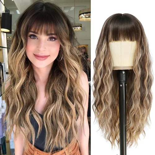 Vista 30 de VERNA - Peluca rubia con flequillo, peluca sintética de aspecto natural, rizada, ondulada de 26 pulgadas, resistente al calor, estilo de parte media