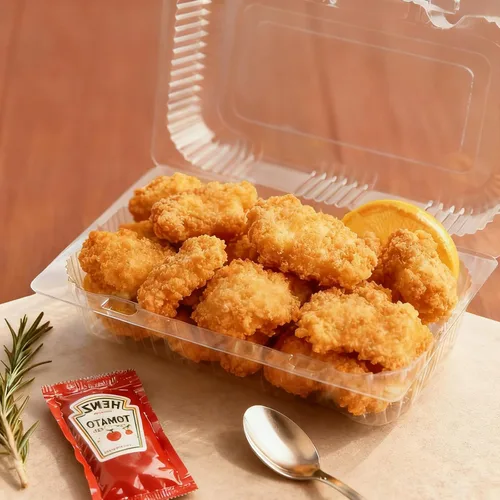 Vista 4 de Kaderron Contenedor de plástico desechable con bisagras – 70 recipientes de alimentos transparentes con forma de almeja, tamaño interno de 6.3