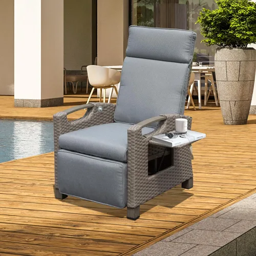 Vista 10 de Domi - Silla reclinable para exteriores, sillón reclinable de patio con mimbre tejido a mano, mesa abatible con respaldo de empuje, ángulo