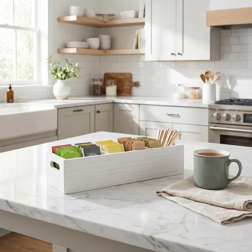 Vista 3 de Organizador de bolsas de té de madera: 3 compartimentos, soporte de caja de té de madera, caja de almacenamiento de bolsa de azúcar para barra