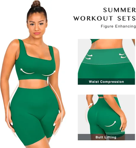 Vista 5 de FeelinGirl Conjuntos de entrenamiento para mujer, 2 piezas, sin costuras, brasier deportivo acanalado, pantalones cortos de cintura alta, tallas
