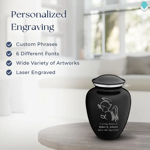 Vista 6 de Geturns - Pequeñas urnas de cremación de ángel personalizadas para cenizas humanas, urna funeraria negra para mujeres y hombres con capacidad