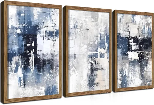 Vista 16 de Arte de pared enmarcado 3D texturizado azul abstracto, pinturas modernas de decoración de pared azul marino abstracto, pósters de textura